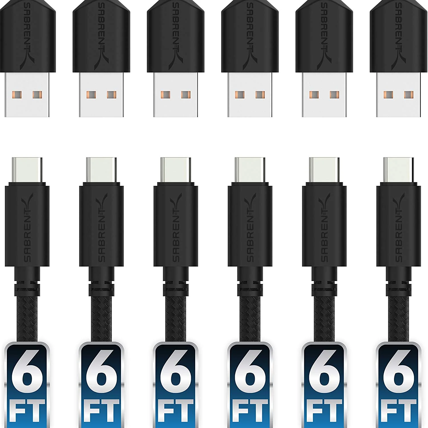6-Pack 22AWG Premium 6ft USB-C to USB A 2.0 Cables
